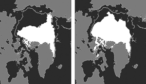 ２００５年（左）と２００７年の北極海氷の比較写真。白い部分が海氷（米国国立雪氷データセンター　提供：山本研究室）